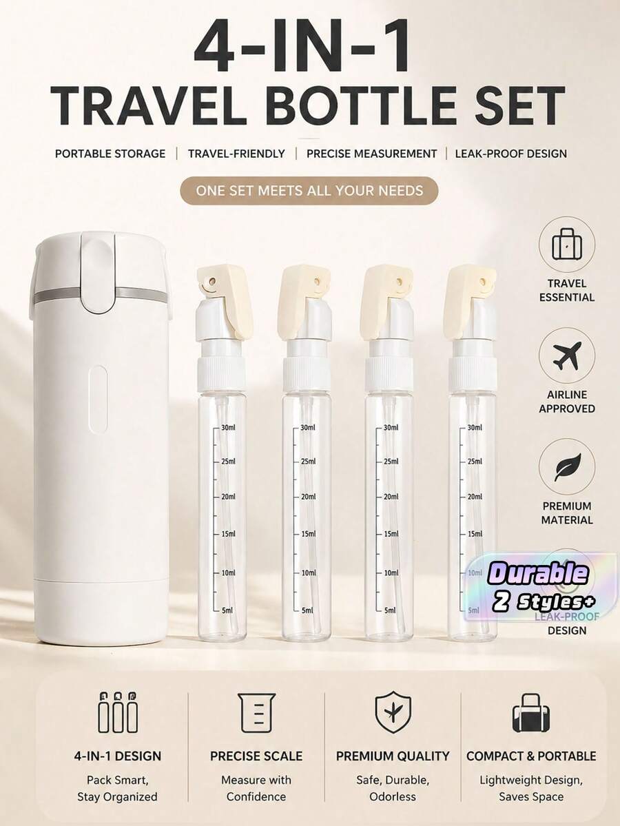 1pc Travel Refillable Bottles Set, 4‑In‑1 Portable Travel Dispenser Kit, Leak‑Proof Approved Travel Size Containers For Shampoo Lotion Cosmetics - Multicolor - View 1
