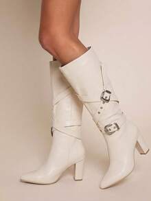 Daringsoles Women's Fashion Adjustable Buckle Chunky High Heel Knee-High Boots Fall Boots - White - View 7