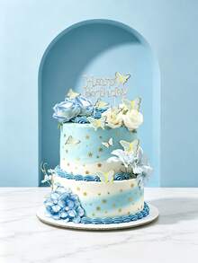 19 Buah Hiasan Kue Kupu-kupu dan Mawar Biru – Dekorasi Bunga Selamat Ulang Tahun, Tusuk Kue Kupu-kupu & Bunga 3D untuk Pesta Anak Perempuan - Beraneka warna - View 9