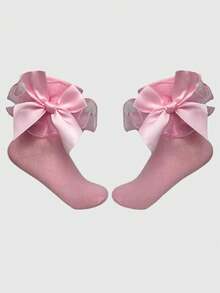 ROMWE Kawaii Kaos Kaki Wanita Setengah Betis dengan Trim Ruffle Jala Kontras - Merah muda 88 - View 4