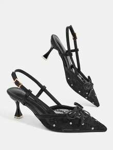 CUCCOO TILAWA Pointed Toe Breathable Mesh Hollow Bow Backless Fashionable Versatile Sexy Fairy Party Commute Black High Heels - Black - View 4