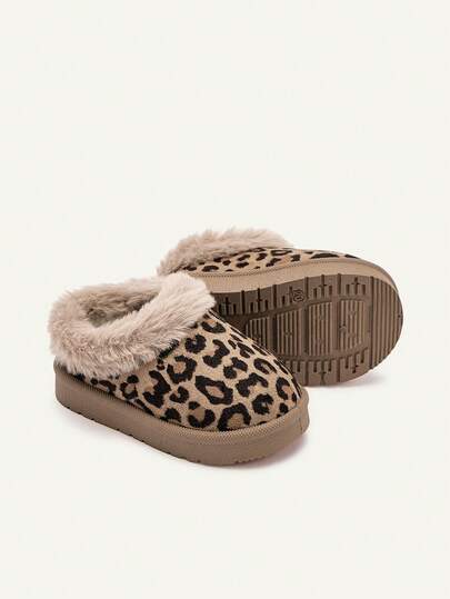Cozy Pixies Girls Fashion Leopard Print Faux Fur Trim Warm Cozy Comfortable Slip-On Flat Winter Snow Boots For Outdoor Travel
