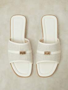 Styleloop Color Matching Square Toe Sandals Women's Summer Wear Flat Bottom Linen Breathable Slouchy Holiday Sandals - Off-white - View 6