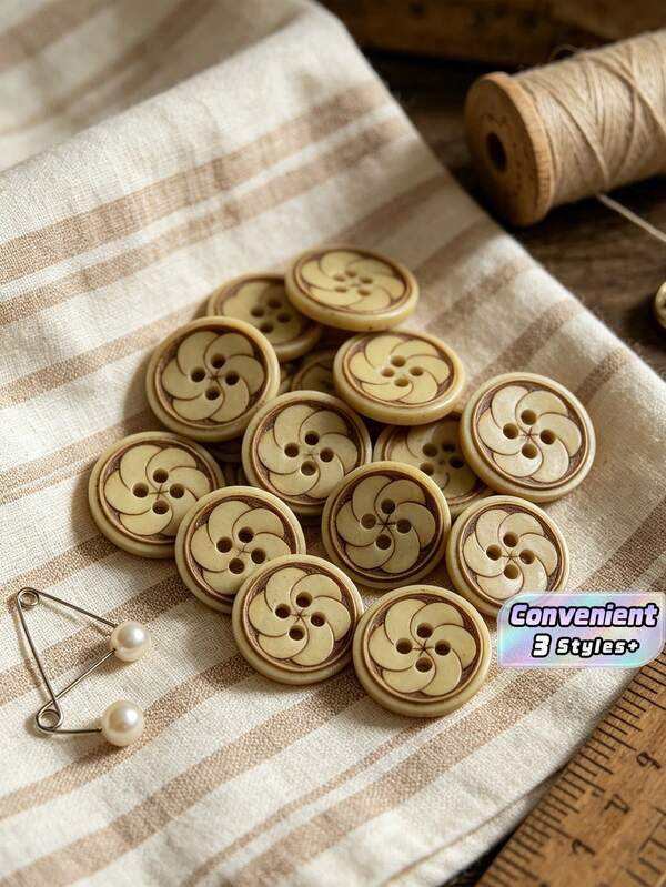 4-Hole Natural Wood Buttons Windmill Floral Engraved Round Wooden Sew Buttons, Vintage Decorative Buttons For Dress Blouse Skirt DIY Handmade Sewing Accessories