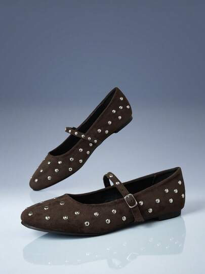 CUCCOO GRLICON Brown Round Toe Velvet Versatile Fashion Women's Shoes Rivet Mary Jane Flat Ballet Shoes