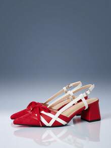 CUCCOO GRLICON Color Matching Strap Design Pointed Toe Thick Heel Commuter Vacation Red Suede White PU Leather Women's High Heel Shoes Slingbacks Party - Red and white color matching - View 2