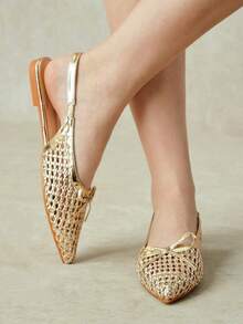 Styleloop Ladies Pointed Real Woven Splicing Daily Travel Casual Versatile Fashion Sandals Flat Summer Shoes - Gold 4 - View 10