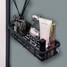 2pcs Wall-Mounted Bathroom Shelves, No Drilling Required - Large Capacity, Lightweight, Space-Saving Makeup And Toiletry Storage Rack, Stylish Metal Design, Hypoallergenic Plastic, Suitable For Bathroom And Kitchen, Bathroom Accessories - Black - View 6