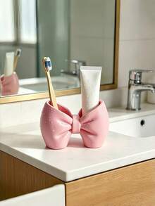 1PC Standard Size Plastic Freestanding Durable Lightweight No Installation Required Cute Bow Shape Multifunctional Toothbrush Holder Pen Organizer Display Rack For Bathroom Bedroom Desk Vanity Home Office Storage Decorative Accessory Gift - Multicolor - View 2