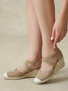 Styleloop Ladies, Rubber Band Cross Strap, Straw Rope, Sandals, High Heels. Fall Shoes - Khaki - View 8
