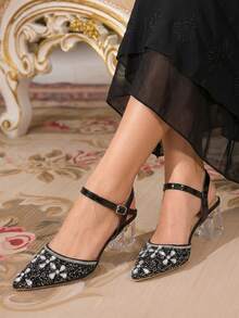 CUCCOO TILAWA Ladies' Fashionable And Elegant Pointed Crystal Heel, Rhinestone Pointed Laser Lace, Women's High-Heeled Shoes, Suitable For Banquets, Parties Fall Shoes - Black - View 2