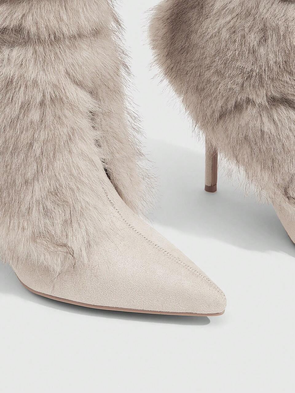 CUCCOO SZL Women Shoes Pointed High Heel Beige Hairy Face Strap Medium Boots Fashion Gorgeous Sexy Nightclub Party Party Low Boots Fur Boots Hair Boots Women's M