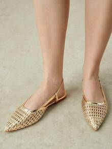 Styleloop Ladies Pointed Real Woven Splicing Daily Travel Casual Versatile Fashion Sandals Flat - Gold 1 - View 2