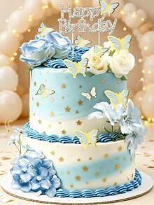 19 Buah Hiasan Kue Kupu-kupu dan Mawar Biru – Dekorasi Bunga Selamat Ulang Tahun, Tusuk Kue Kupu-kupu & Bunga 3D untuk Pesta Anak Perempuan - Beraneka warna - View 8