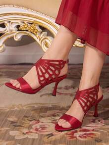 CUCCOO TILAWA Burgundy Satin Hollow Rhinestone Stiletto Sandals, Women's Light Luxury Rear Strap Buckle Open-Toed High Heels - Burgundy - View 2