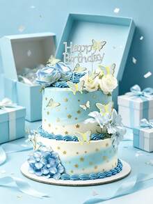 19 Buah Hiasan Kue Kupu-kupu dan Mawar Biru – Dekorasi Bunga Selamat Ulang Tahun, Tusuk Kue Kupu-kupu & Bunga 3D untuk Pesta Anak Perempuan - Beraneka warna - View 11