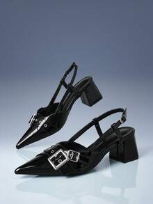 CUCCOO GRLICON Cross Strap Buckle Trim Back Strap Pointed Thick Heel Commuter Vacation Solid Color Black PU Leather Ladies High Heel Shoes Stickleback Party - Black - View 3