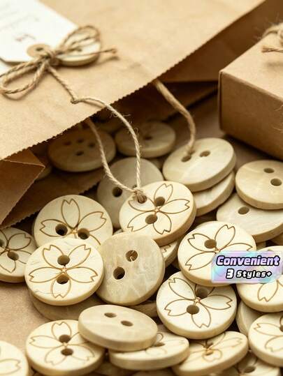 2-Hole Natural Wood Buttons Laser Engraved Cherry Blossom Floral Pattern Round Wooden Sew Buttons, Vintage Decorative Buttons For Dress Blouse Skirt DIY Sewing Craft Supplies