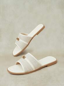 Styleloop Color Matching Square Toe Sandals Women's Summer Wear Flat Bottom Linen Breathable Slouchy Holiday Sandals - Off-white - View 3