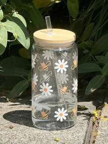 16 Ounce Leak Proof Transparent Water Cup With Straw | Cute Daisy And Cartoon Bee Pattern | Travel Cup Suitable For Iced Coffee | Comes With Lid And Straw | Printed With "Soda Can" Style | Fashionable And Fun Suitable For Iced Drinks - Multicolor - View 13