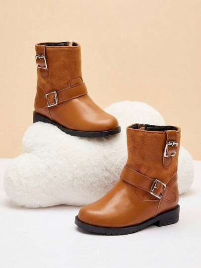 Cozy Pixies Autumn And Winter Baby Girl Boots Suede Buttons Brown Pastoral Autumn And Winter Fashion Versatile Cute Elegant Flat Bottom Side Zipper Baby Boots