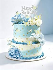 19 Buah Hiasan Kue Kupu-kupu dan Mawar Biru – Dekorasi Bunga Selamat Ulang Tahun, Tusuk Kue Kupu-kupu & Bunga 3D untuk Pesta Anak Perempuan - Beraneka warna - View 13