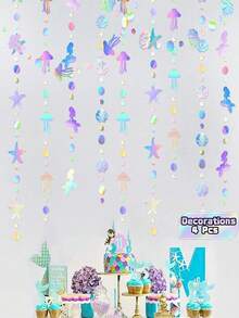 1/4Pcs Rainbow‑Themed Decorations For Birthday Parties, Bachelorette Parties And Ocean‑Themed Parties, Shimmering Mermaid Garlands And Holographic Paper Streamers With Jellyfish, Shell, Starfish And Pearl Elements - multicolor - View 1