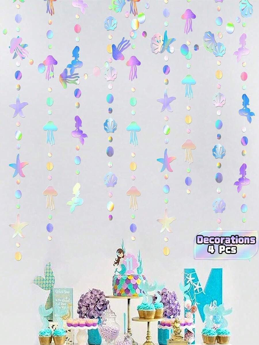 1/4Pcs Rainbow‑Themed Decorations For Birthday Parties, Bachelorette Parties And Ocean‑Themed Parties, Shimmering Mermaid Garlands And Holographic Paper Streamers With Jellyfish, Shell, Starfish And Pearl Elements - multicolor - View 1