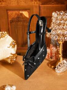 CUCCOO TILAWA Pointed Toe Breathable Mesh Hollow Bow Backless Fashionable Versatile Sexy Fairy Party Commute Black High Heels - Black - View 7