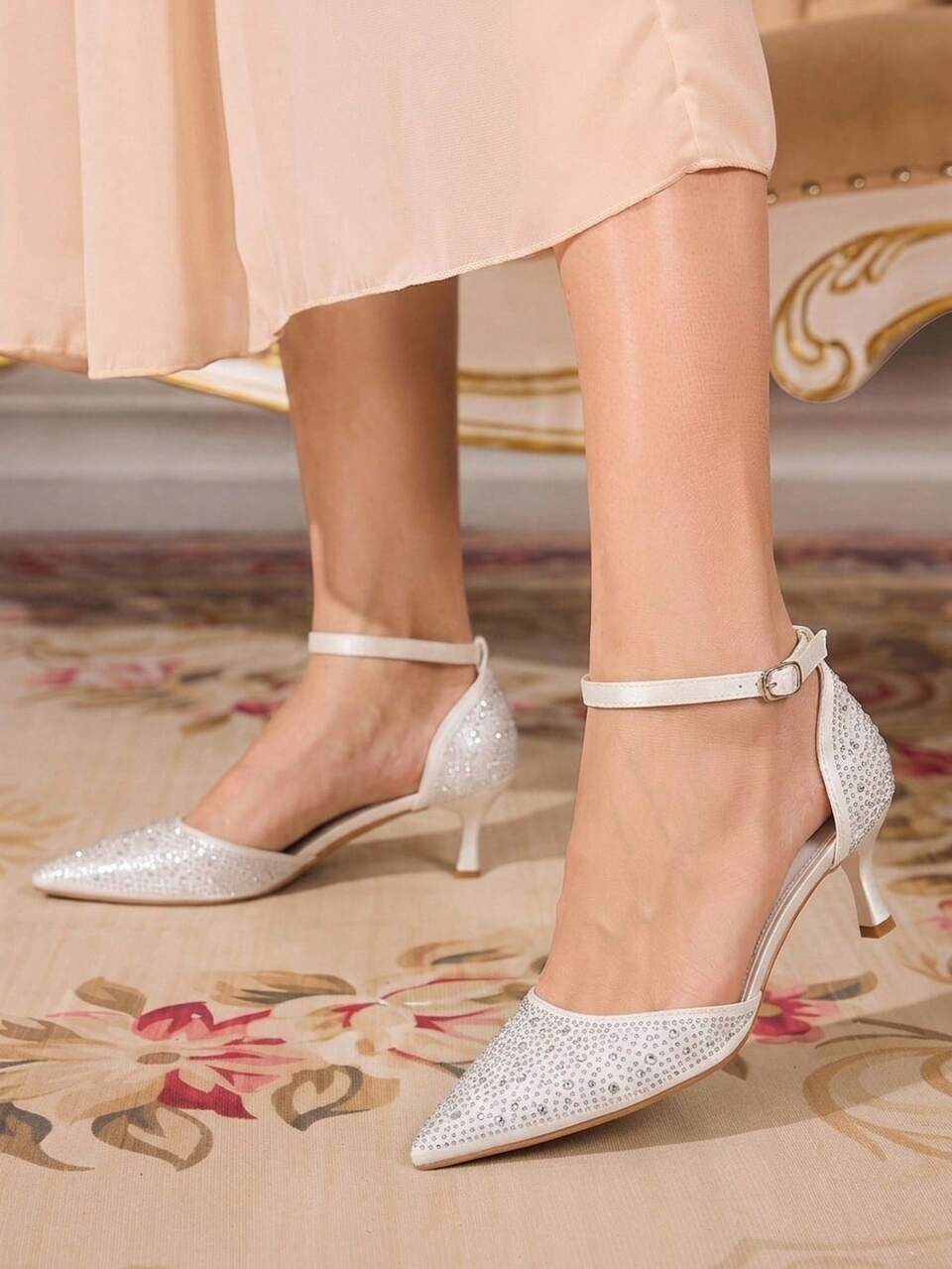 CUCCOO TILAWA Women Shoes Pointed Stiletto White Rhinestone Ankle Strap Sexy Fashion Gorgeous Banquet Party Ladies High Heel Shoes Hollow Women's Shoes Fall Shoes