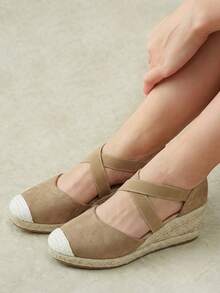 Styleloop Ladies, Rubber Band Cross Strap, Straw Rope, Sandals, High Heels. Fall Shoes - Khaki - View 10