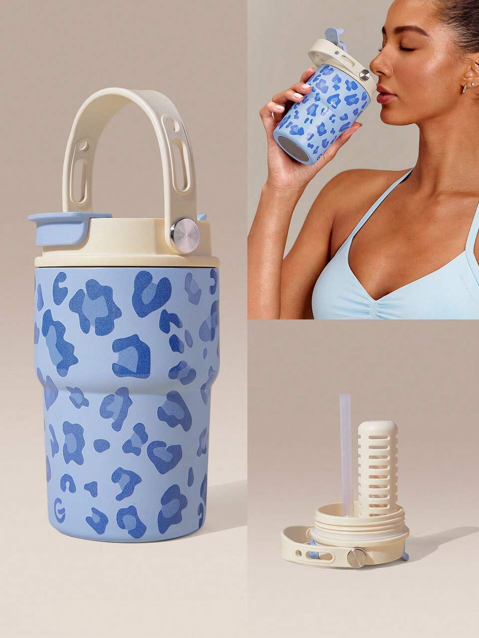14oz Stainless Steel Leopard Tumbler With Collapsible Straw, Tea Strainer & Hot & Cold Insulation Hiking Gym Studio Workout Active Outdoor Gear
