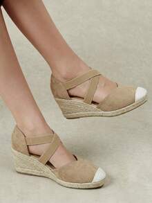 Styleloop Ladies, Rubber Band Cross Strap, Straw Rope, Sandals, High Heels. Fall Shoes - Khaki - View 4
