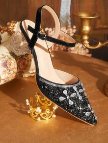 CUCCOO TILAWA Ladies' Fashionable And Elegant Pointed Crystal Heel, Rhinestone Pointed Laser Lace, Women's High-Heeled Shoes, Suitable For Banquets, Parties Fall Shoes - Black - View 4
