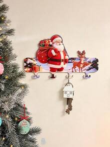 Santa Claus Reindeer Cartoon Wooden Hook No Drill Entryway Door Wall Decor Four Row Hanger Key Storage Rack Organizer Festive Holiday Home Party Xmas Decor Gift For Kids Adults Living Room Mantel Display - multicolor - View 5