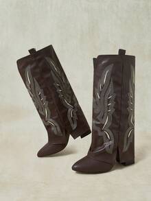 Styleloop Women's Shoes Brown Leather Embroidered High Heels Boots Retro Personalized - Coffee Brown - View 3