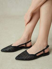 Styleloop Ladies Pointed Toe Real Woven Splicing Daily Travel Casual Versatile Fashion Sandals Flat - Black 1 - View 2