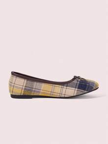 CUCCOO DOLLMOD Women's Plaid Ballet Flats, Round Toe Bow Slip-On Shoes, Retro College Style Daily Comfortable Commuting Women's Shoes - Yellow - View 5