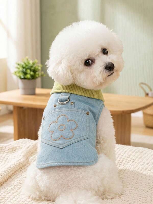 PETSIN 1 Stück Haustierkleidung, bequeme universelle Kleidung für Katzen und Hunde im Frühherbst, bestickte Blumen-Taschen-Cardigan-Kleidung für kleine Hunde, geeignet für tägliches Gassigehen und Lässig zu Hause