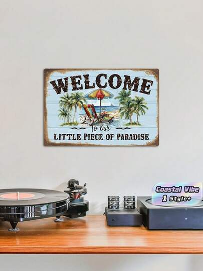 1PC Iron Vintage Rustic Beach Coconut Palm Tree Palm Leaves Umbrella Seaside Landscape Iron Wall Tabletop Decor Ornament Accent Piece For Home Farmhouse Cottage Vacation Beach House Living Room Entryway Shelf Display Coastal Summer Ocean Beach Theme