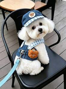 Denim Dog Harness Leash Set With Cute Sun Hat, Adjustable Pet Vest Harness For Small Medium Dogs Cats, Summer Walking Outdoor Pet Supplies - Multicolor - View 8