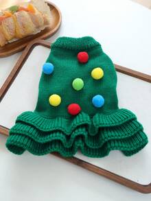 PETSIN 1pc Pet Sweater, Cute Christmas Tree Themed Small Dog Knit Skirt, Colorful Fur Ball Decoration Ruffle Hem Pet Yarn Dress, Cat And Dog Universal Clothes, Suitable For Christmas Parties, Holiday Photography, And Daily Wear In Cold Weather - Green - View 4