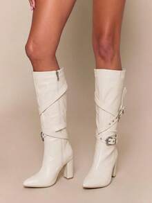 Daringsoles Women's Fashion Adjustable Buckle Chunky High Heel Knee-High Boots Fall Boots - White - View 9