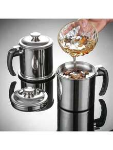 1pc Stainless Steel Oil Filter Containers, Oil Storage Bottle, Oil Storage Cup With Lid, With Strainer For Kitchen,Deep Fryer Oil Storage, Stainless Steel Oil Container, Multifunctional Oil Filter Pot For Kitchen, Christmas - Silver - View 3