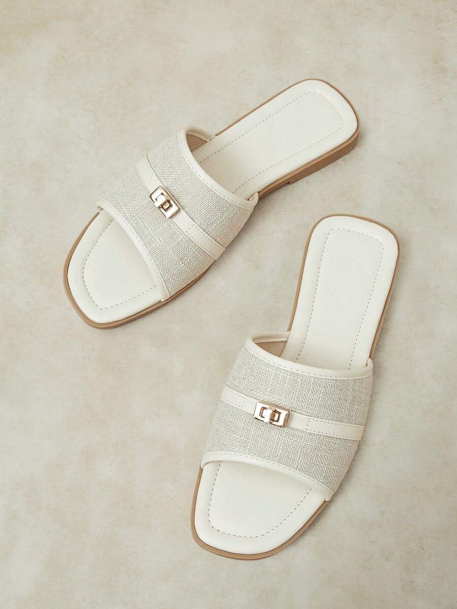 Styleloop Color Matching Square Toe Sandals Women's Summer Wear Flat Bottom Linen Breathable Slouchy Holiday Sandals - Off-white - View 1