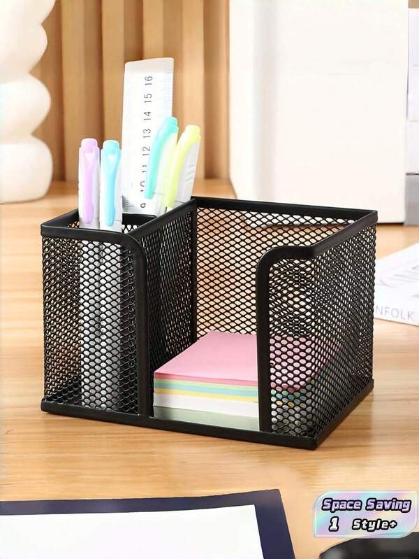 1 PC Compact Mesh Black Desktop Organizer Set With 1 Pen Holder And 2 Note Clip Storage Trays For Office Home School Stationery Supplies Cosmetic Makeup Brush Pencil Rack Multifunctional Durable Sturdy Space Saving Stackable Tidy Tray