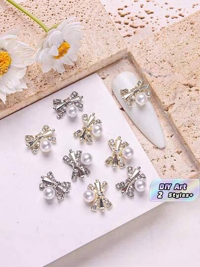 10PCS Alloy Metal Bow Rhinestone Pearl Nail Art Charms 3D Shiny Sparkle Bling Diamond Embellishments For DIY Manicure Accessories Decoration Gift For Women Girls