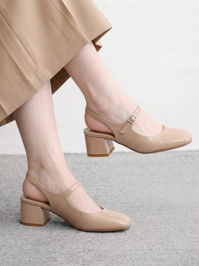 CUCCOO BIZCHIC Women's Square Toe Round Mouth Buckle Foot Strap Thick Heel Cloth Heel Shoes, Graduation Season Vacation Season, Business Leisure Fashion