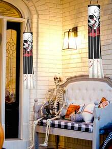 2PCS 39 Inch Halloween Skeleton Windsock Flag Outdoor Hanging Decoration Waterproof Weatherproof Black White Skull Yard Sign Garden Patio Lawn Path Party Decor Fall Autumn Halloween Decor Supplies Must Haves - Multicolor - View 3