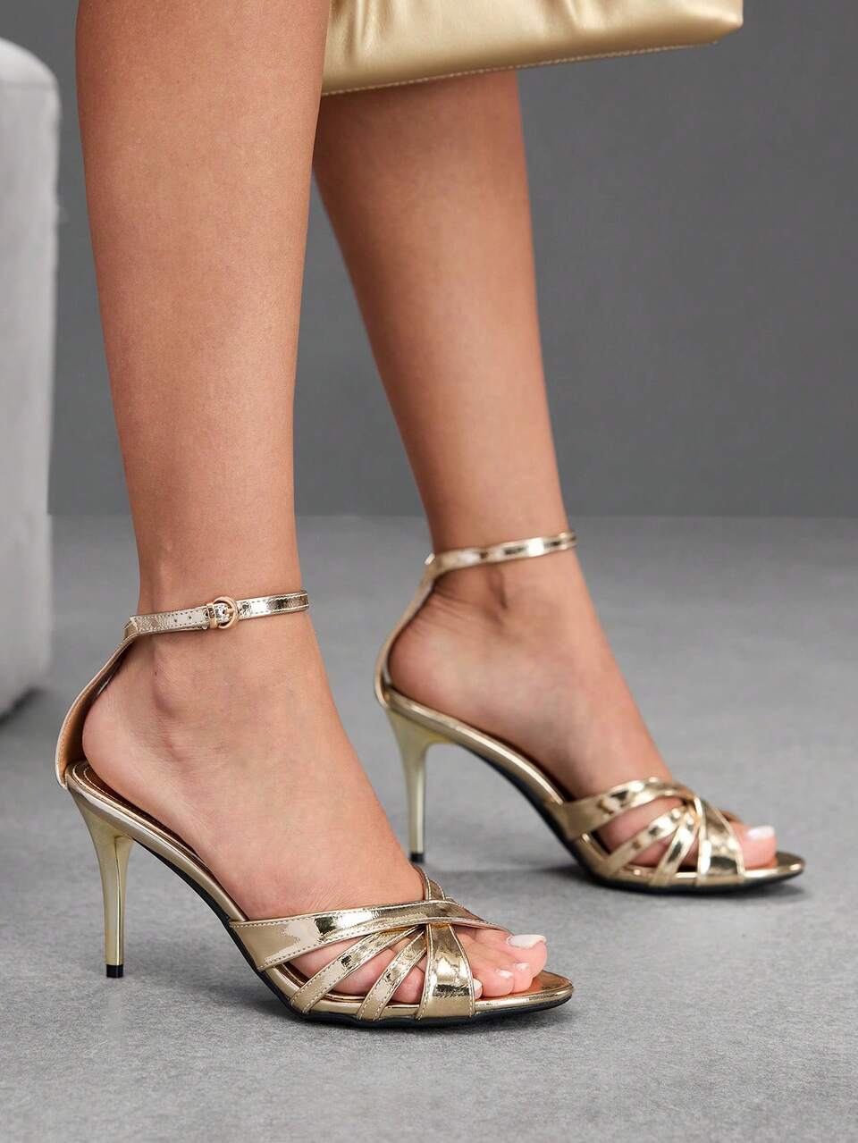 CUCCOO SZL Women Shoes Summer Cross Multi-Buckle Metal Buckle Round Toe Thin Heel Elegant Glossy Gold Sandals Dating Dinner